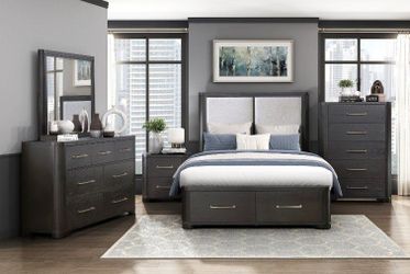 Modern Design 3 pc queen bed w/two gray fabric upholstered inserts & storage drawers