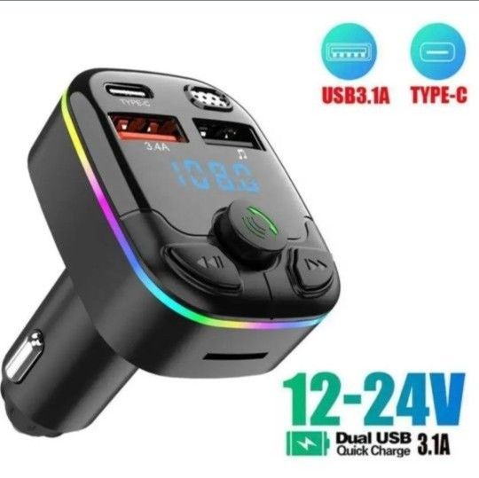 USB C Bluetooth Adapter for Car, AUX Wireless FM Radio Transmitter, Handsfree Calling & Audio Receiver, MP3 Music Player, QC3.0 & Type-C PD USB Charge