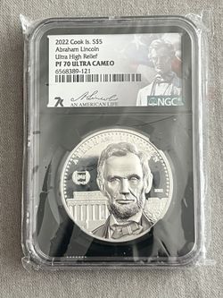 2022 Cook Islands Silver Coin Abraham Lincoln $5 Ultra High Relief PF70 ultra cameo