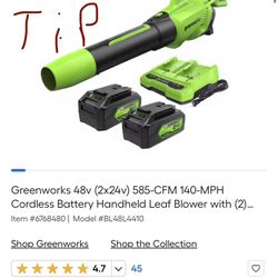 Greenworks 48v (2x24v) 585-CFM 140-MPH Cordless Battery Handheld Leaf Blower with (2) 24v, 4-Ah Batt