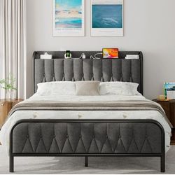 Full Size Metal Bed Frame with Charging Station,Upholstered Headboard AMD Footboard, Heavy Duty Steel Support, 12" Under Bed Storage, No Box Spring Ne