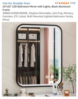 24"x32" LED Bathroom Mirror with Lights, Black Aluminum Frame 3000K/4500K/6000K, Stepless Dimmable, Anti-Fog, Memory Function, ETL Listed, Wall Mounte