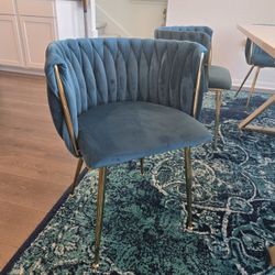 6 Dining Chairs, Teal Green And Gold