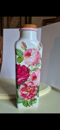 Hand designed decoupaged bottle with Cork top