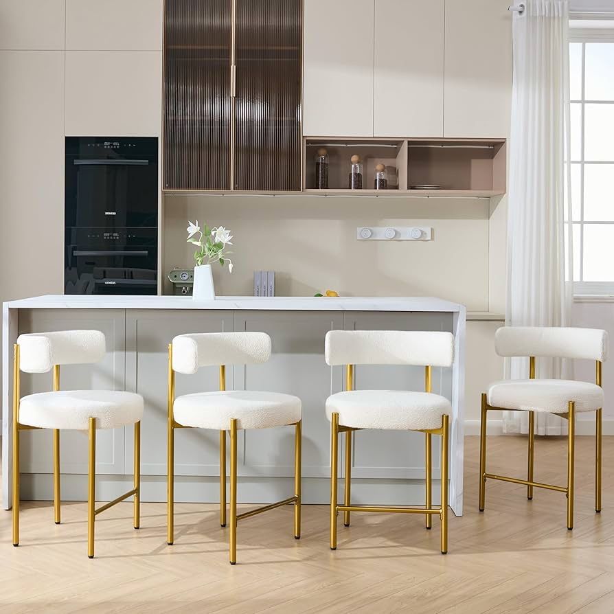 Counter Height Bar Stools, 24'' White Gold Bar Stools Set of 4, Boucle  Counter Stools with Back, Boucle Bar Stools for Kitchen Island, Dining Room