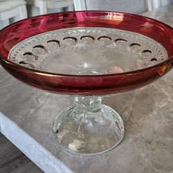 Vintage Indiana Glass King's Crown Thumbprint Footed Candy Dish Ruby Flash Pedestal Bowl