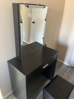 Modern Black Makeup Vanity Desk with Lighted Mirror & Matching Stool Set