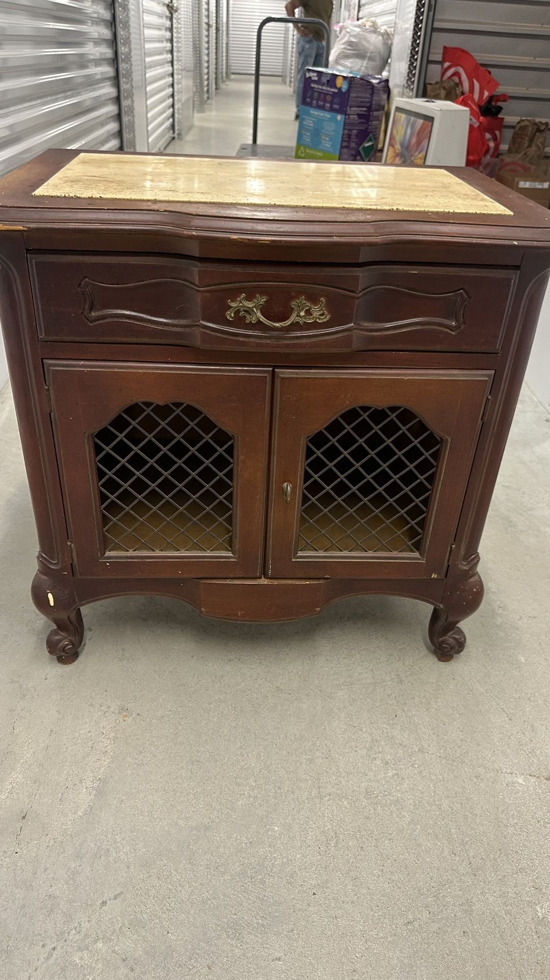 Vintage French Provincial Cabinet with Brass Hardware & Marble Inlay Top