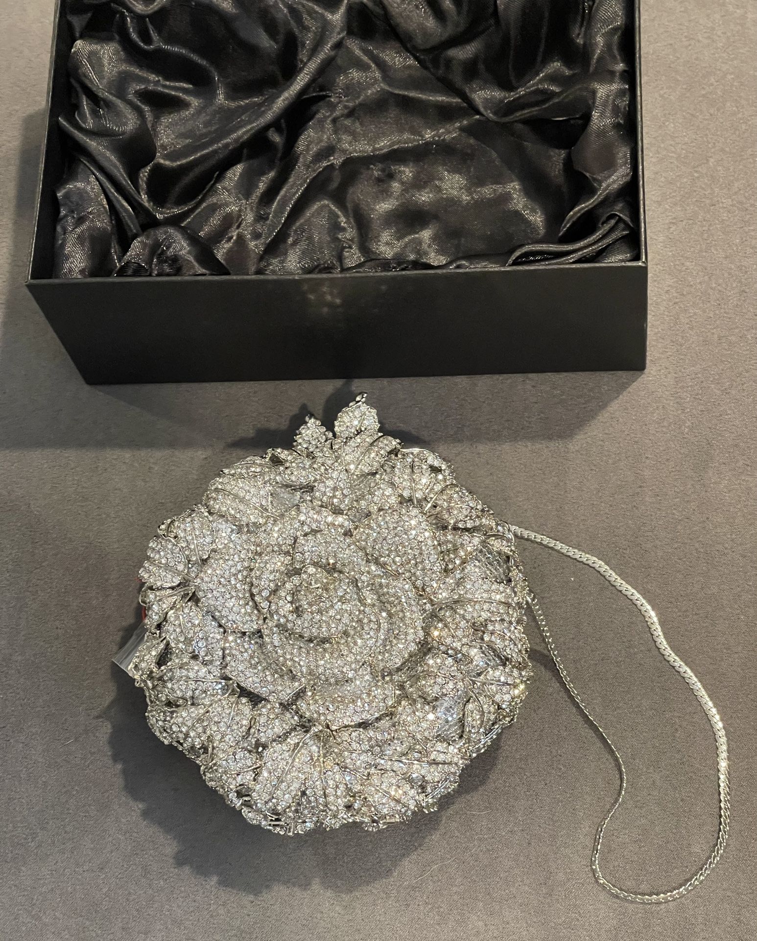 Brand New - Evening Purse - Rose Silver Clutch Crystals, And Rhinestone