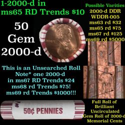 BU Shotgun Lincoln 1c roll, 2000-d 50 pcs Bank Wrapper 50c unseatched