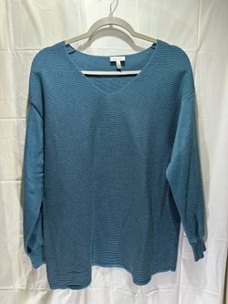 Ella Moss Long Sleeve Ribbed V-Neck Sweater Blue Women's Size XL