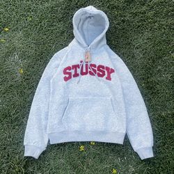 Stussy Hoodie Gray Fuzzy Letters Red Embroidered College Spellout