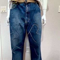 Vtg Maurice Malone MoJeans 40x33 Baggy Y2K Wide Leg Embroidered Jeans rave, hip-hop skater