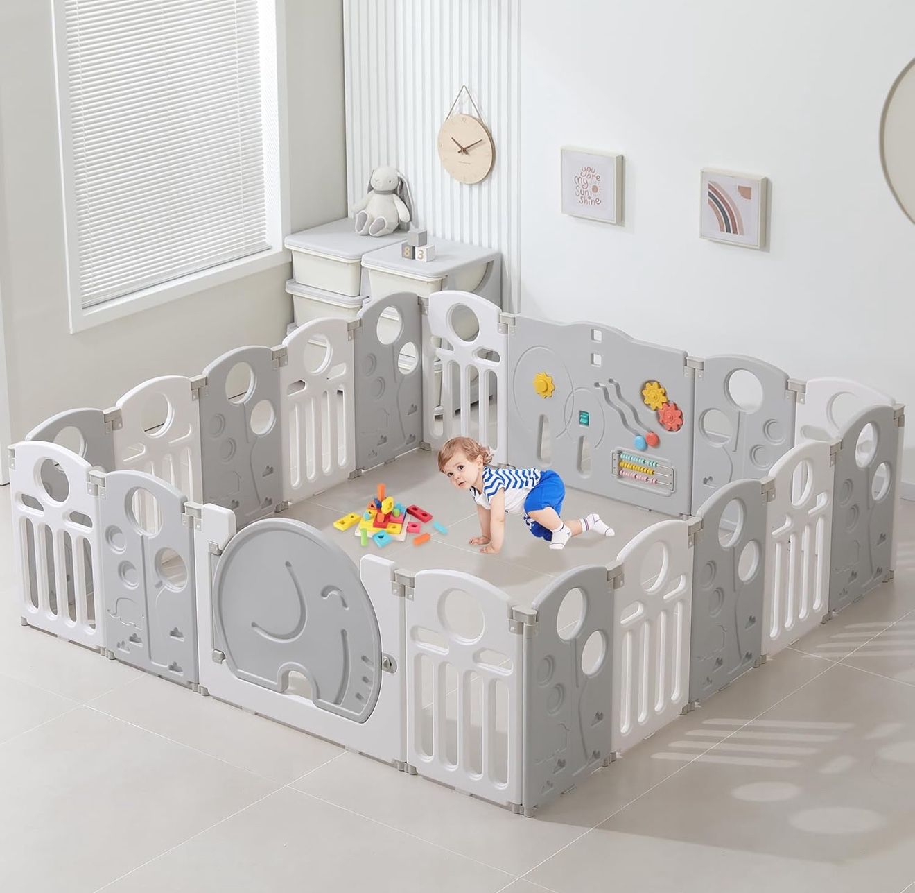 Baby Playpen – 14 Panels, White And Grey