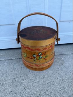 Vintage Hand Painted Wooden Firkin Bucket with Lid | Folk Art Bird Decor
