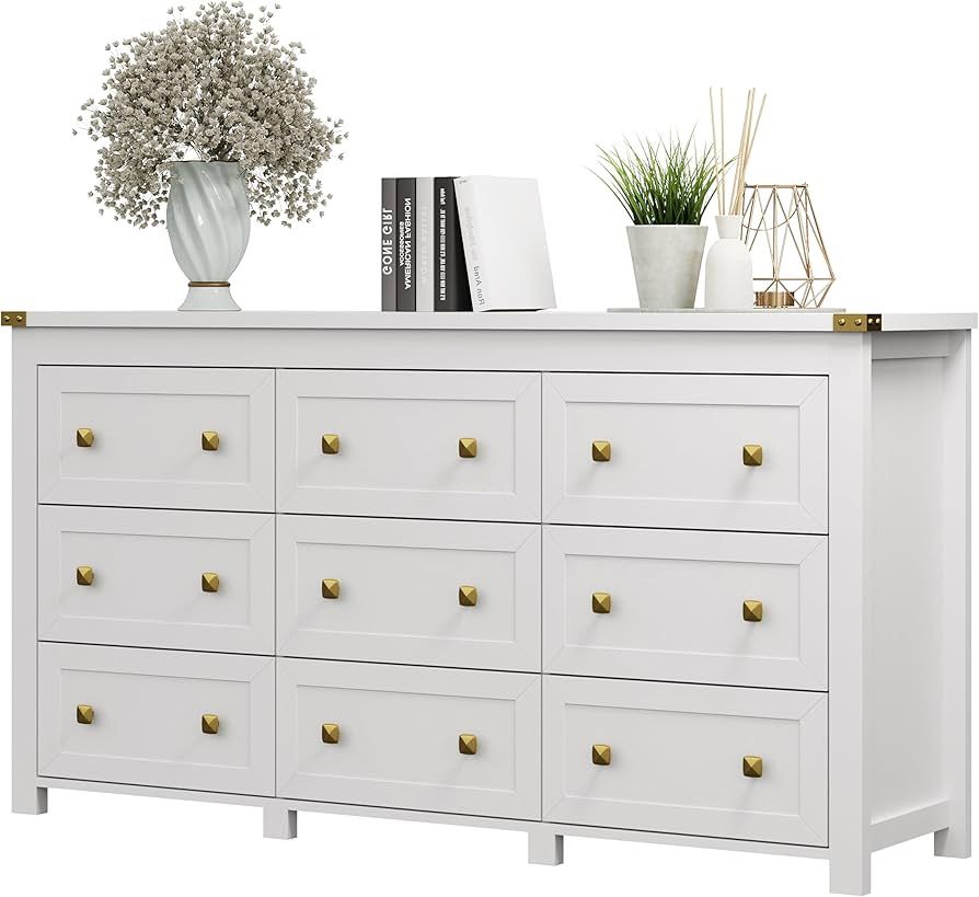Dresser for Bedroom with 9 Drawers, Farmhouse Wood Chest of Drawers, Wide TV Stand Closet Storage Furniture with Metal Handle, Modern Clothes Organize
