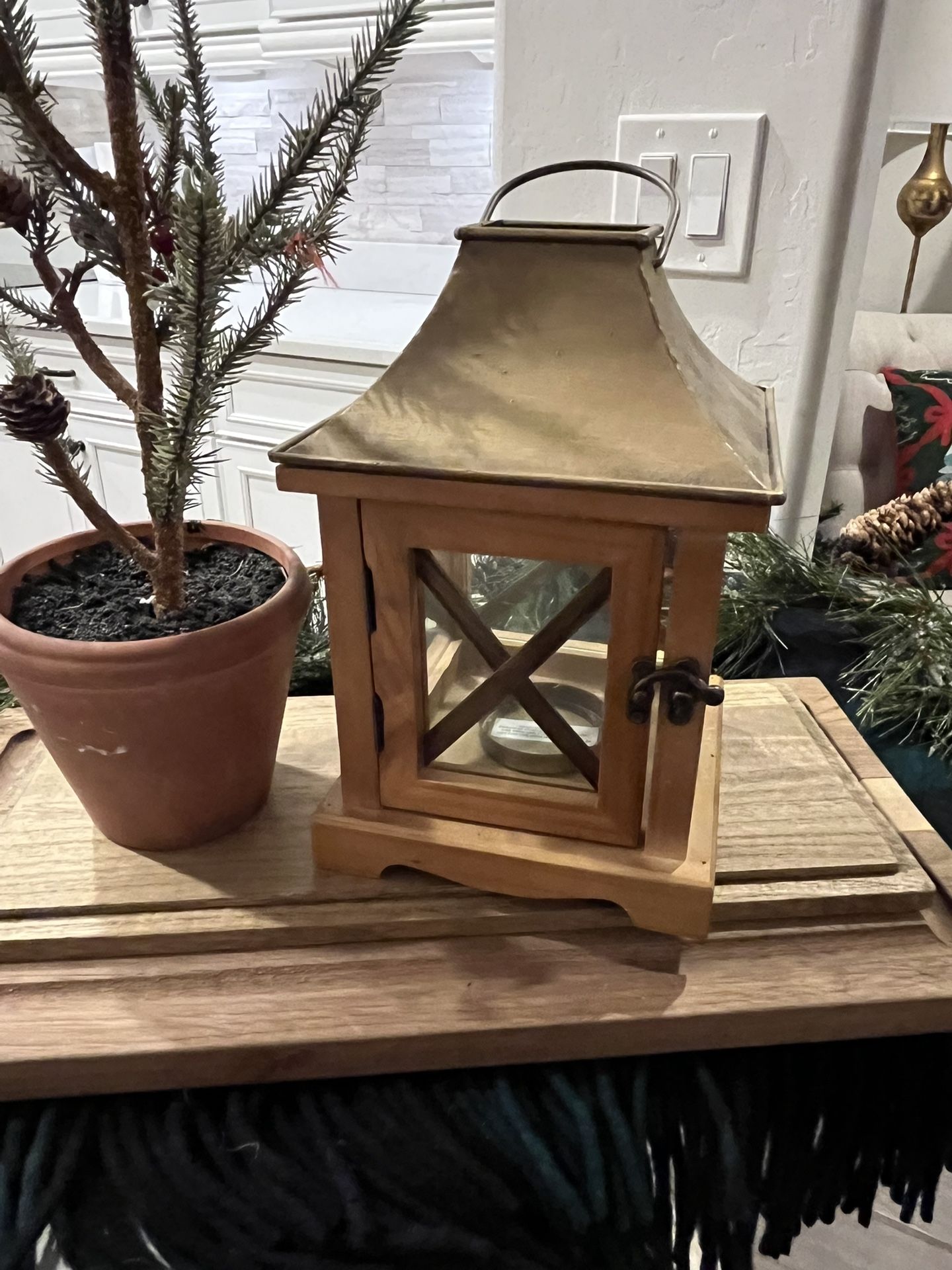 Cute Wood And Gold Metal Top Lantern