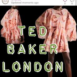New with tags Ted Baker London ruffle coral color floral lovely feminine  loose fit mini shift dress 4 6 8 