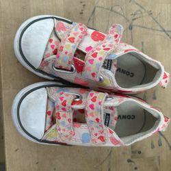Girl's Shoes Pink Double Strap Converse Kids Size 7 Toddler Girl Flats Sneaker Heart Comes from pet free smoke free home  Washed w detergent & sanitiz