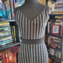 Forever 21 Two Piece Black Sparkly Pinstripe Set Crop Top Flared Leggings Sz Lg