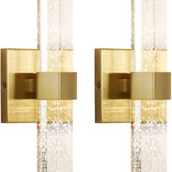 Wall Sconces Set of Two - Gold Sconces Wall Lighting 14W Dimmable LED Crystal Bathroom Light Fixture with Bubble Glass 15.7inch Indoor Vanity Lights f