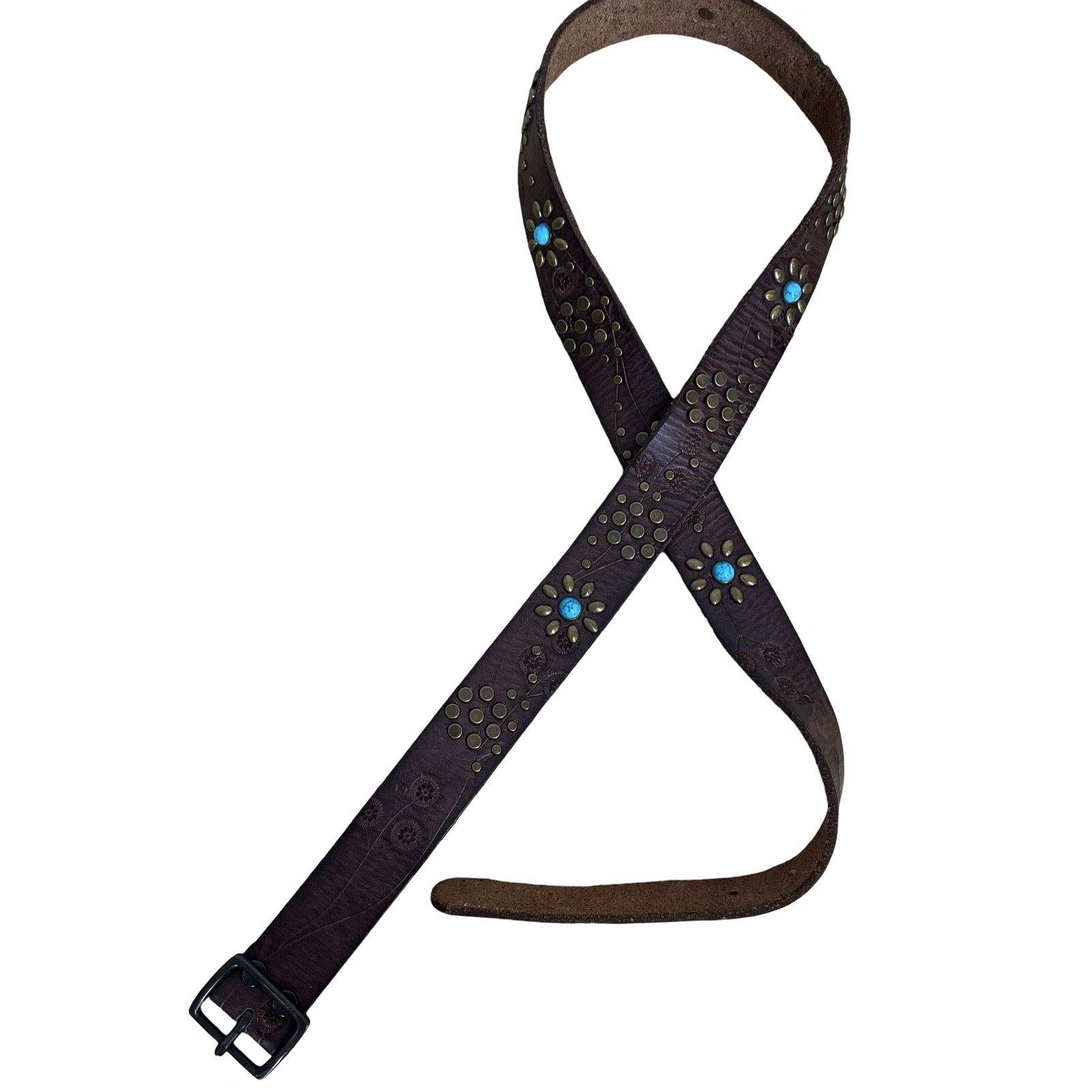 Lucky Brand Leather Brown Belt Studded Faux Turquoise Stones Size Large Women’s