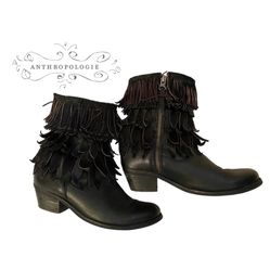 Anthropologie mid-calf leather fringe tassel booties Sz 38 (7.5)