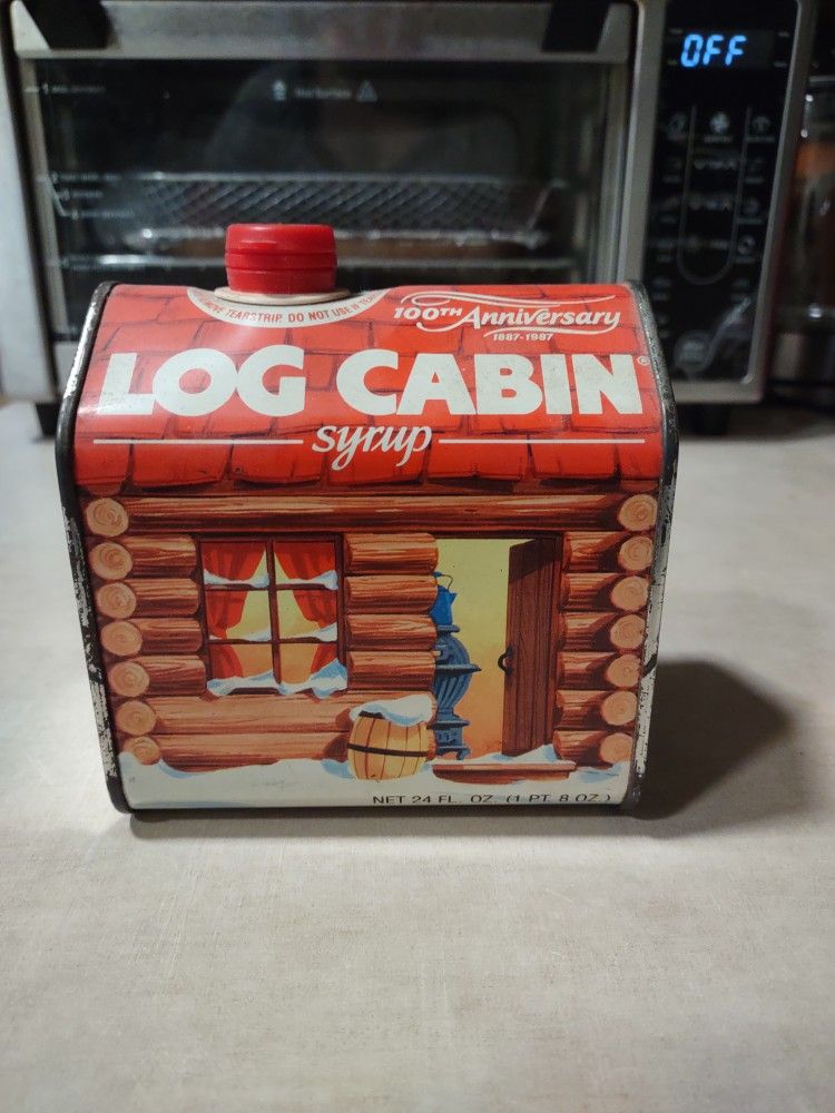 1987 Log Cabin Syrup Tin 100th Anniversary 1(contact info removed) 24 oz size. NEVER OPENED RARE


