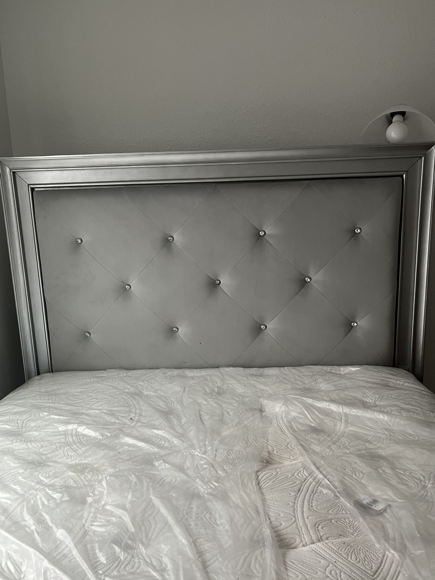 Silver Queen Size Bed/ Comes With Mattress