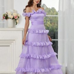 Off The Shoulder Lilac Ruffle Prom Dress