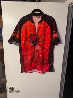 Pearl Azumi red flaming black widow short sleeve cycling top in size large