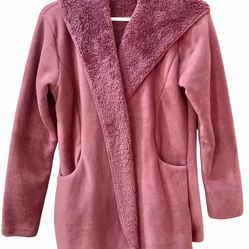 Soft And Cozy Fleece Wool Coat With Hood And Pockets, Color Purple, Size Medium , Handmade Imported 