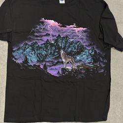 Vintage 90s Grey Wolf Thunder Landscape Animal Nature T shirt Double Sided New