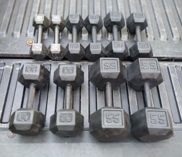 SET OF STEEL HEX DUMBBELLS (PAIRS OF) : 10s 15s 20s 30s 55s