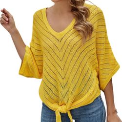 L size Women's Crochet Long Sleeve Top Wide Crew Neck Butterfly Sleeve Hem Tie Design Coverup for Women Bathing