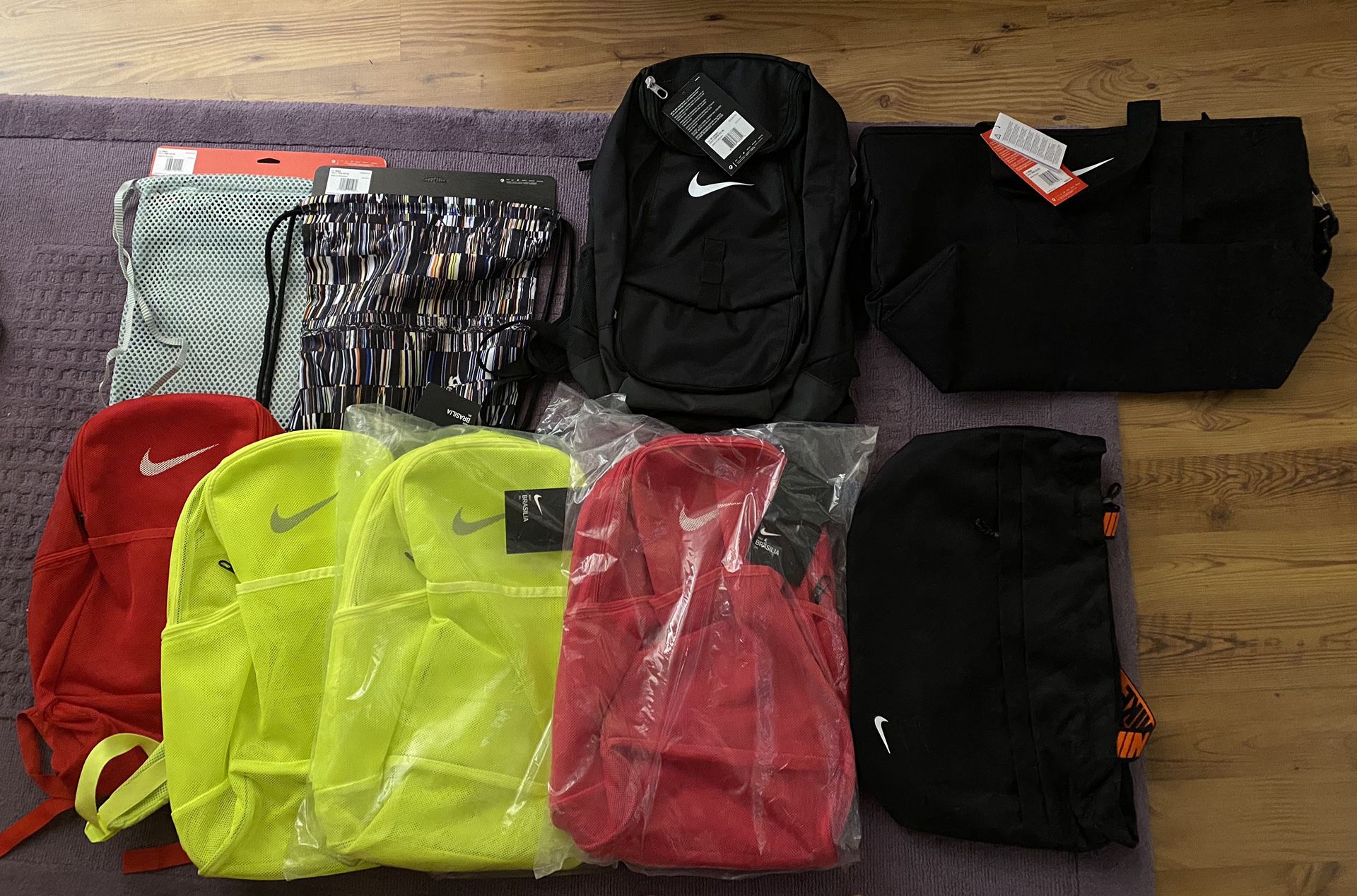 9 Nike Bags!! Duffle, Tote, Backpacks, Gym Sacks! All brand new with tags!!