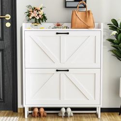 GRUSIGN Shoe Cabinet,Shoe storage cabinet with 2 flip drawers &adjustable shelf,space-saving shoe organizer -holds 16+pairs,narrow shoe cabine