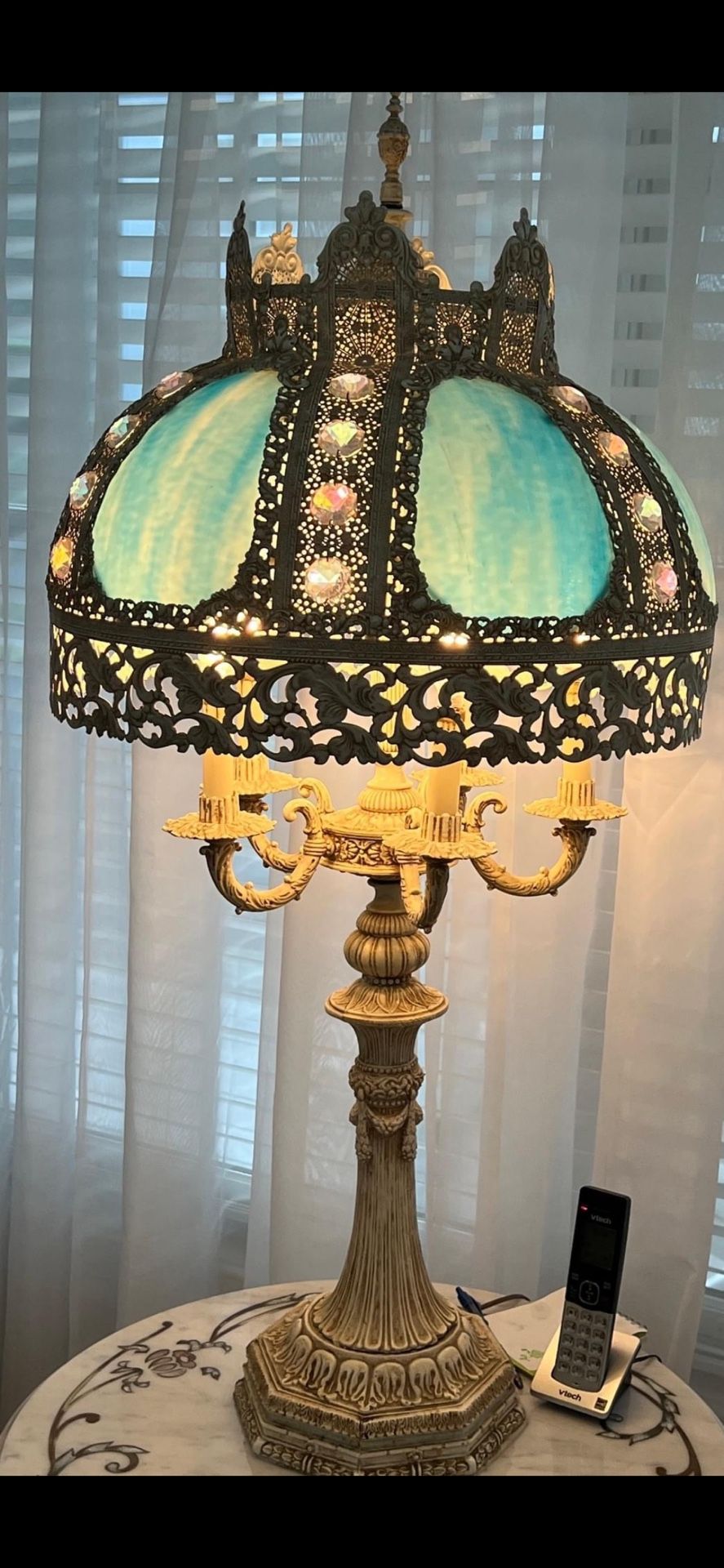  Slag Glass Jeweled 5-Light 44 Inch Tall Table Lamp. Measures 44 inches tall by 20 inches in diameter of the shade.