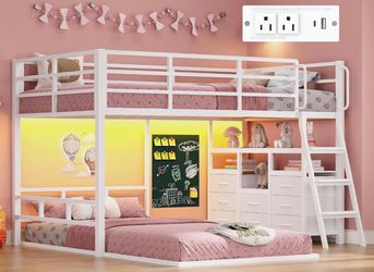 Bunk Bed Twin Over Twin with 8 Drawers, Twin Bunk Bed for Kids, 4 Shelves,Low Bunk Bed, Led Lights & Charging Station,15" H Safety Guardrail & Stair,W