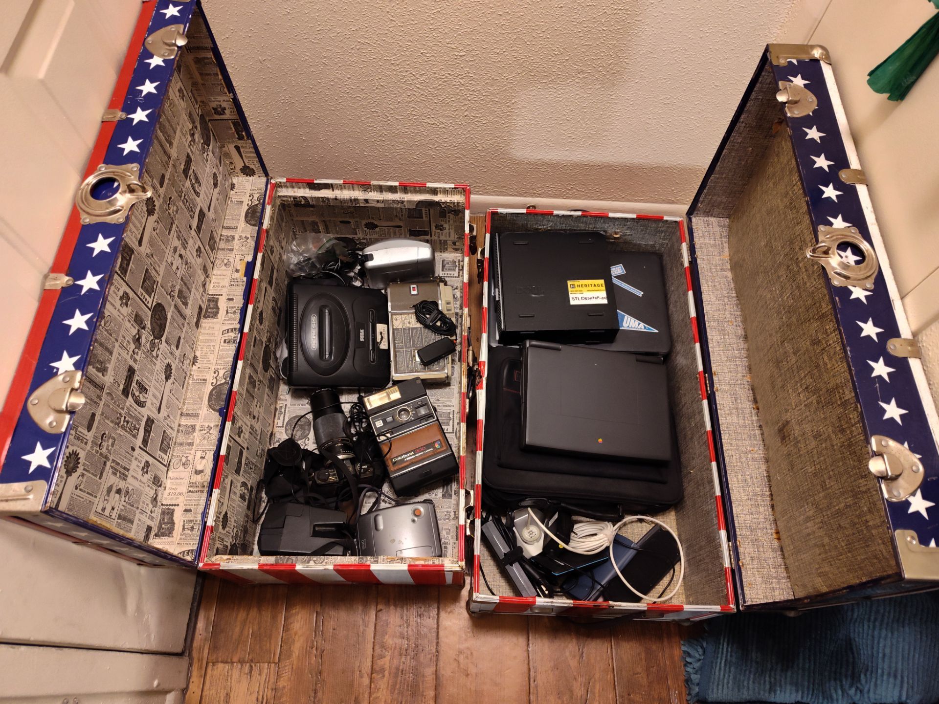 2 vintage lockers with electrical stuff cameras and laptops