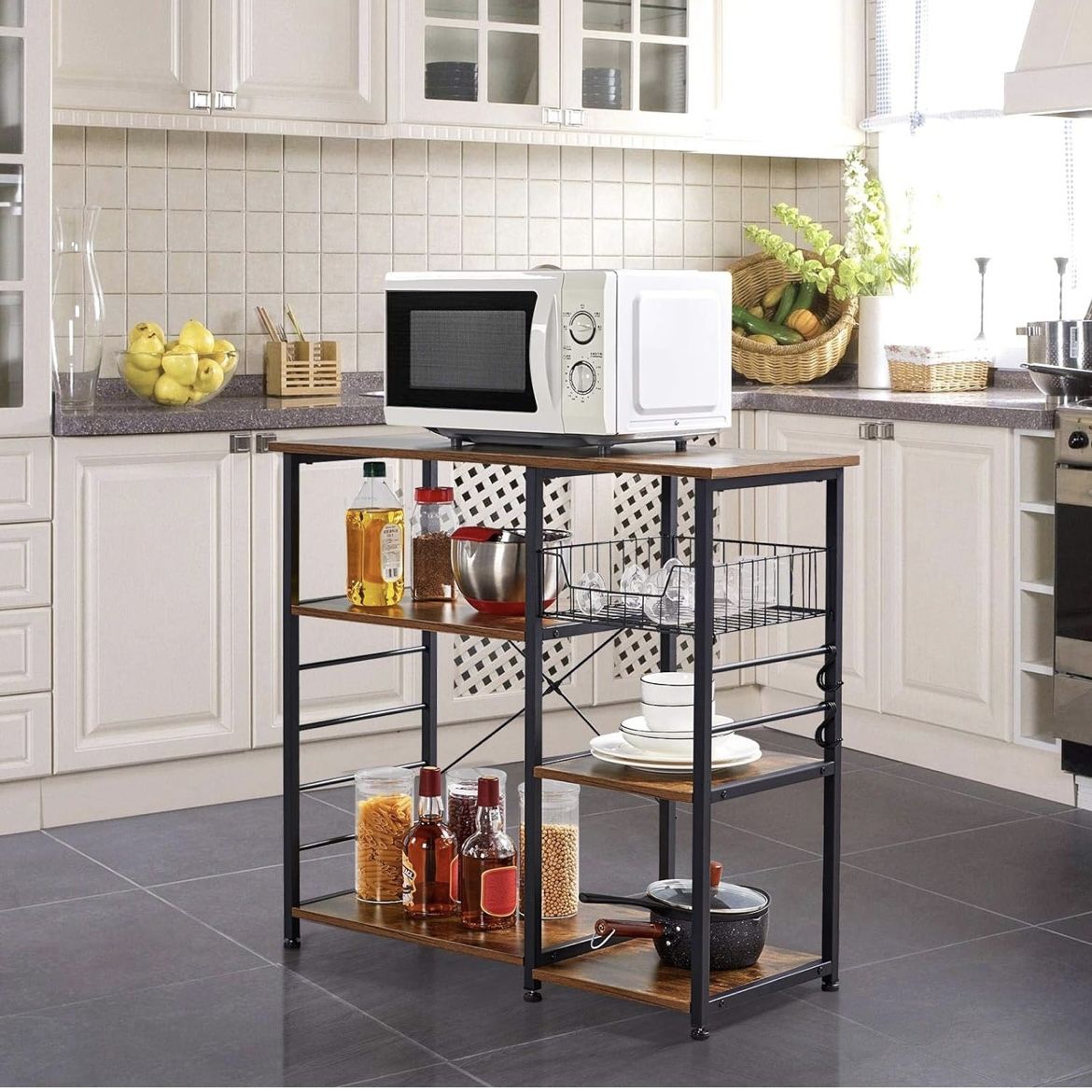 4-Tier Kitchen Baker's Rack, Coffee Bar Microwave Stand Cart with Wire Basket & 6 Side Hooks, Kitchen Organizer Shelf for Spices/Utensils Foods, Rusti