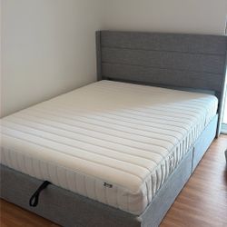 Grey Linen Queen Bedframe With Storage And Mattress