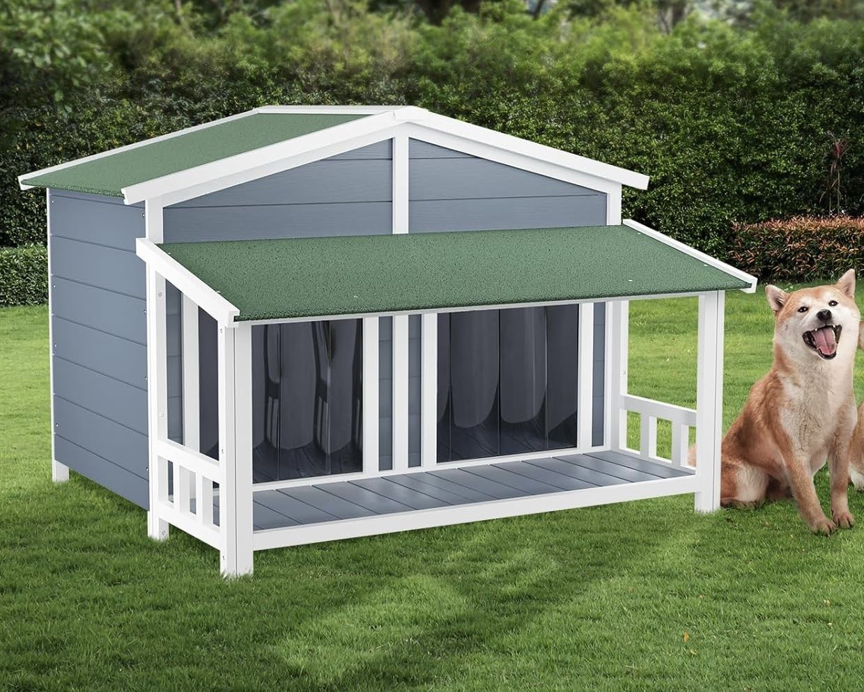 NEW Dog House W/ Porch & 2 Doors, Waterproof Dog Kennel, Wooden Outdoor & Indoor Dog House, Log Cabin Style, Pine Wood !