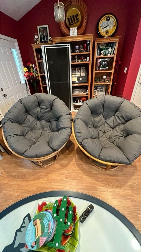 2 Papasan Chairs With New Cushions 42” D Ex Condition 