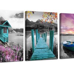 Canvas Wall Art Landscape Lake Painting Cottage Teal Purple Sail Boat Pictures Framed Modern Cottage