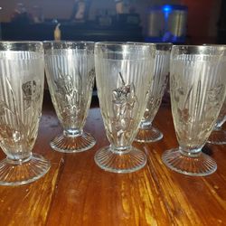 6 Vintage Jeanette Glass Clear "Iris & Herringbone Tumblers
