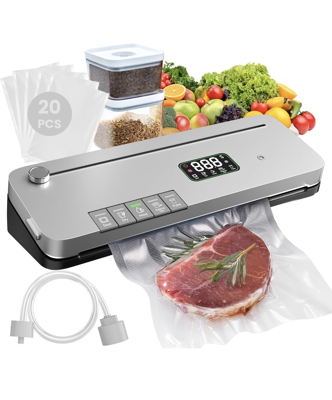 Food Vacuum Sealer Machine, 6-in-1 Food Sealing Machine: 75Kpa Strong Suction, with Digital Timer, External Cutter, Dry/Wet Separation Mode, Equipped