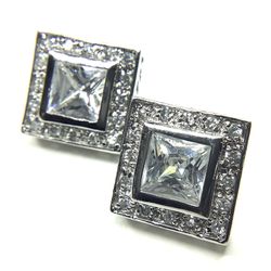 Sterling Silver Cubic Zirconia Halo Princess Cut Earrings 