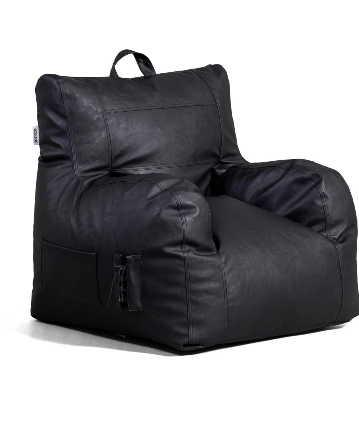 Big Joe Dorm Bean Bag Chair with Drink Holder and Pocket, Black Vegan Leather, Kids and Teens, 3 feet