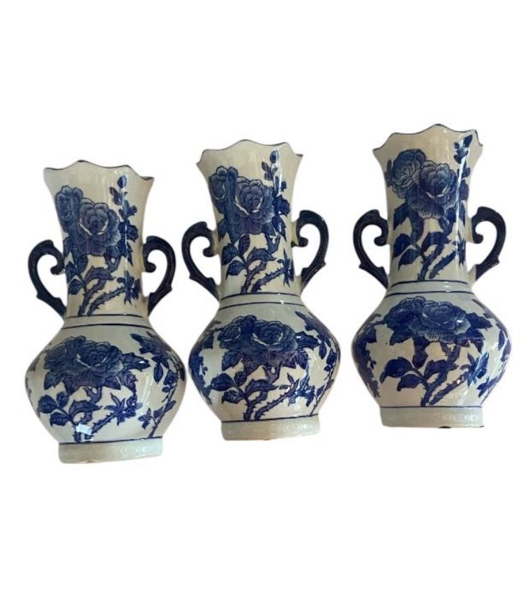 Set of 3 Delft Style COBALT Blue White Double Handle WALL POCKET URN Vase 